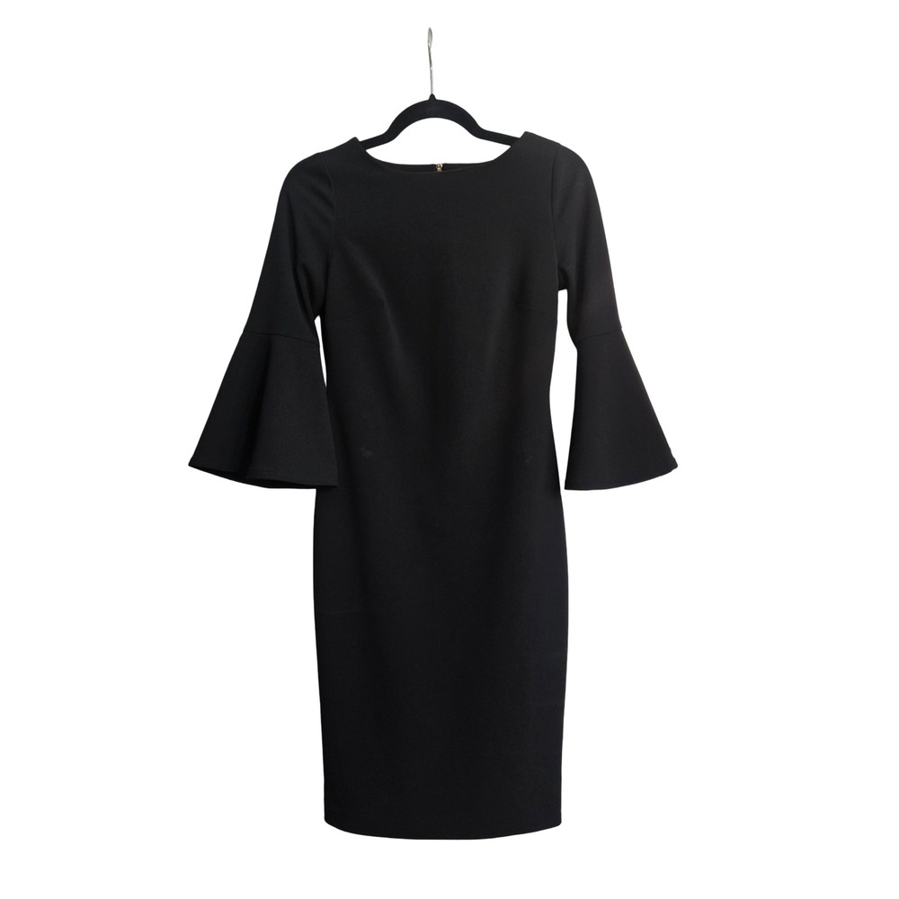 Calvin Klein Black Bell Sleeve Sheath Dress Size 2 Boat Neck Gold Zip CD7C106L